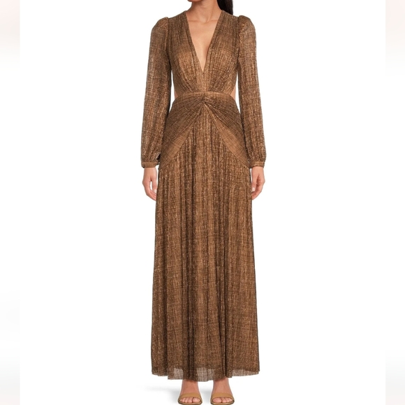 Gianni Bini Dresses & Skirts - Gianni Bini Hazel Metallic V-Neck L/S Cut Out Maxi Dress Size 4 Bronze EUC